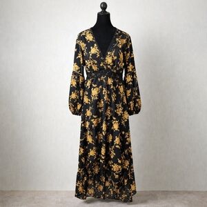 Miss Sparkling Floral Prairie Maxi Dress Lace Waist Plunge V Neck High Low NWT